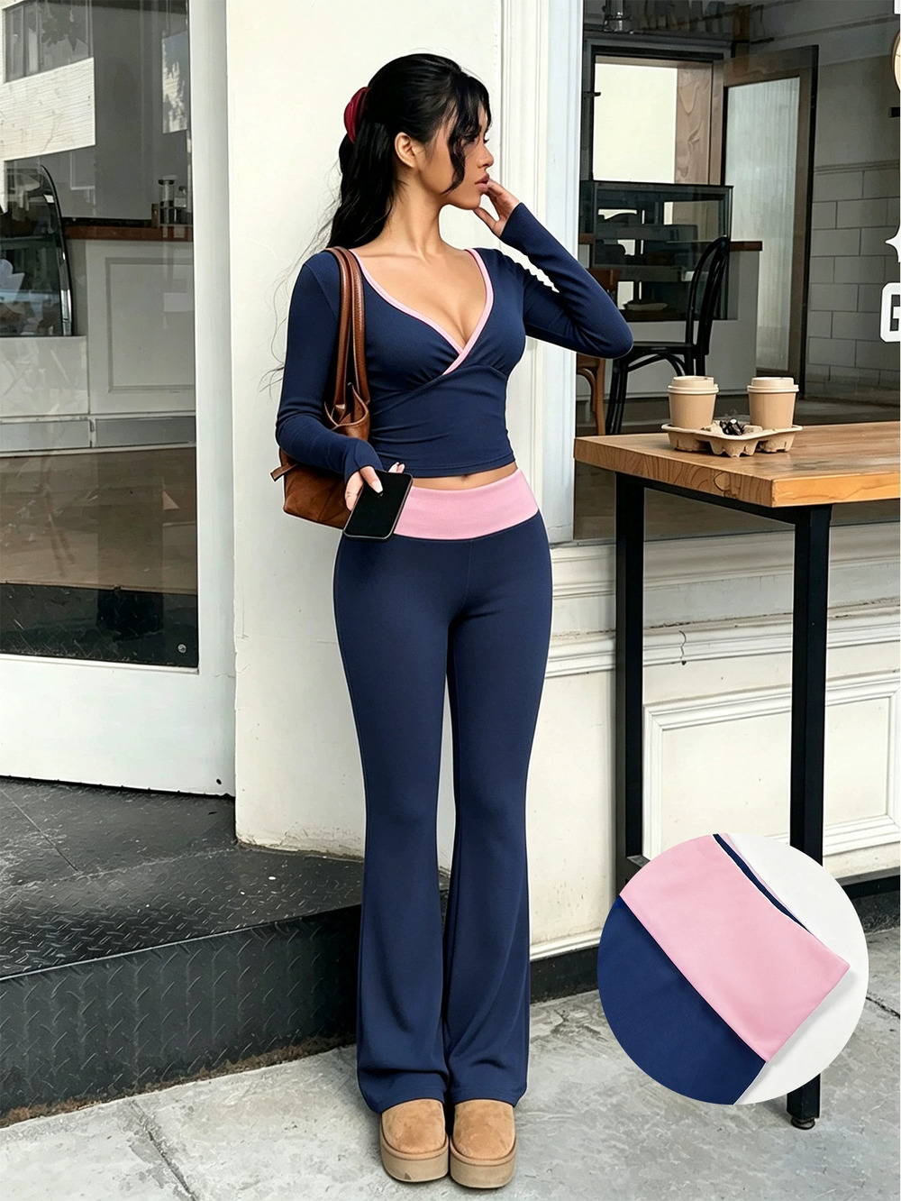 ZARA V-Neck Colorblock Top Flared Pants 2-Piece Set Casual Slim Fit